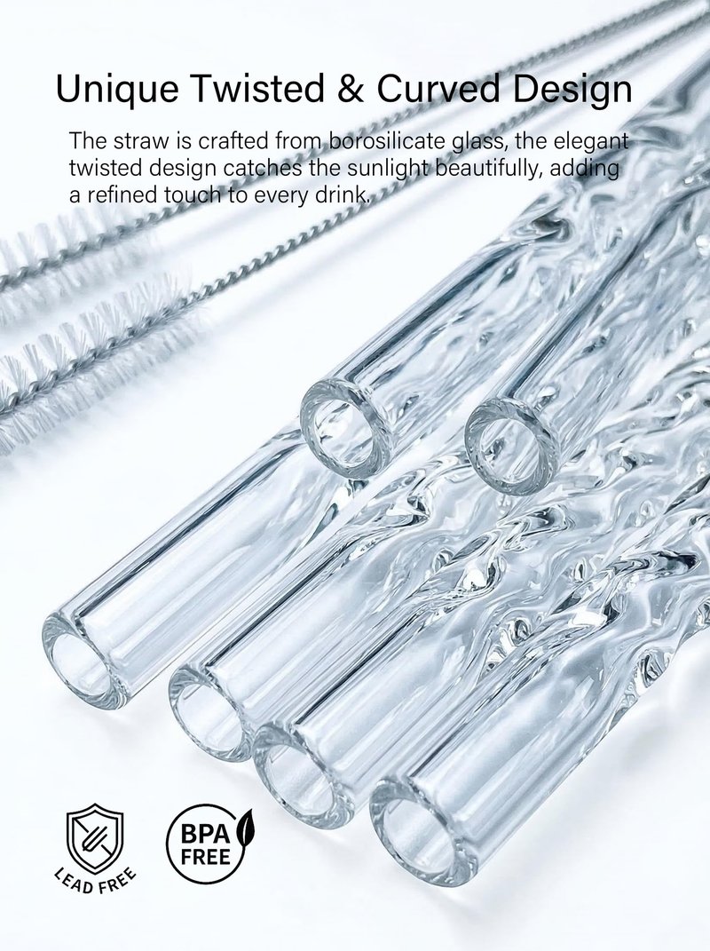 YUTRENN Reusable Glass Straws Transparent Twisted Shape 4 Bent Straws 4 Straight Straws 2 Cleaning Brushes, 8"x 0.3" Thick Clear Glass Drinking Straw for Tumblers Gift Wrap Dishwasher Safe