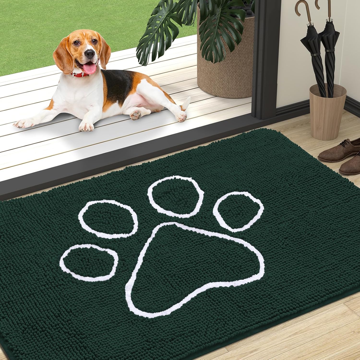 OLANLY Dog Door Mat - Absorbent Non-Slip Mud Mat for Muddy Paws | 47x32, Blackish Green, Quick Dry Chenille