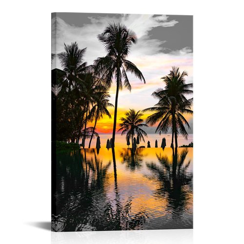 OuElegent Palm Tree Canvas Wall Art Infinity Pool Sunset Landscape Picture Print Seascape Artwork For Hotel Home Living Room Bathroom Decor