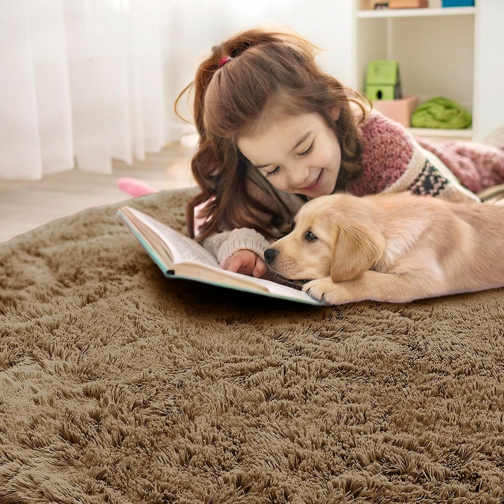 OLANLY Taupe Round Area Rug - Soft, Fluffy, Machine Washable 5 ft Circle Carpet for Bedroom & Living Room Decor