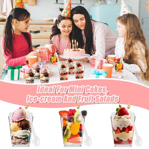 Kosotody 150 Pcs 5 OZ Dessert Cups with Spoons Cocktail Picks, Square Appetizer Cups Clear Mini Mini Party Serving Cups for Party Appetizers Pudding Yogurt Ice Cream Fruit
