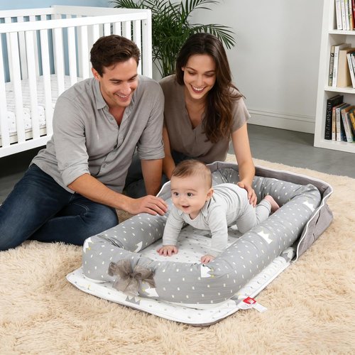 Baby Lounger by Crown - Portable Infant Lounger for Newborns to Toddlers 0-24 Months with Breathable Cotton & Adjustable Size