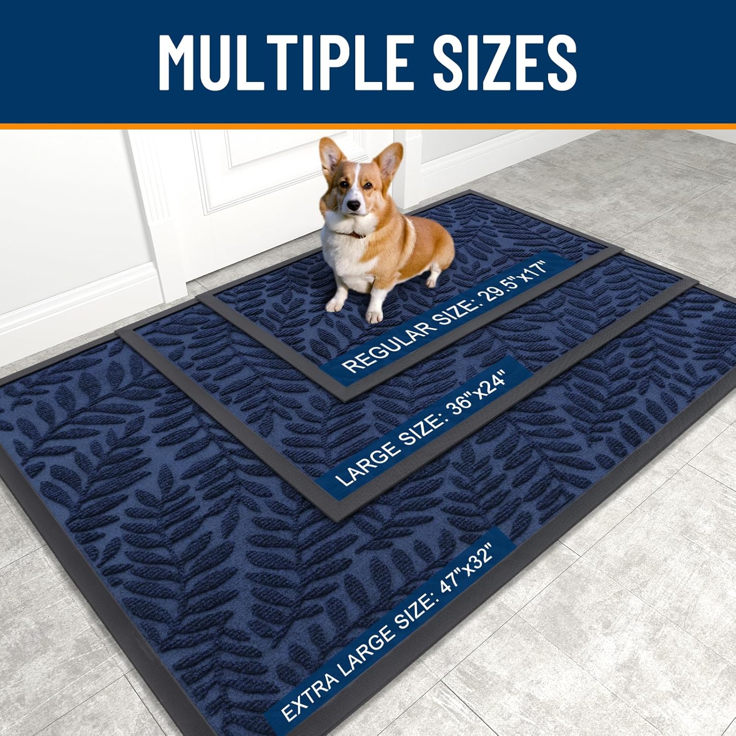 OLANLY Indoor Outdoor Door Mat - Waterproof All-Weather Doormat | Sturdy Natural Rubber, Navy Blue, 29.5x17