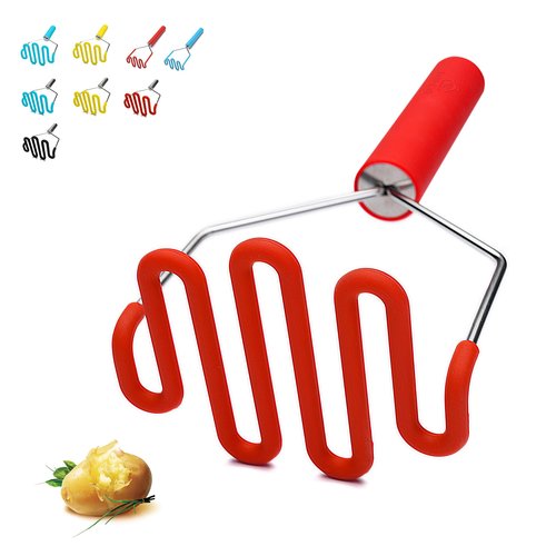 Jell-Cell Potato Masher - Silicone Protect Body with Premuim Stainless Steel Non-Scratch Cookware for Smooth Mashed Potato Vegetables and Fruits Color Red