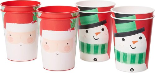 American Greetings Reusable Plastic Cups - 8-Count, 16 oz. Christmas Party Supplies with Santa & Snowman Design