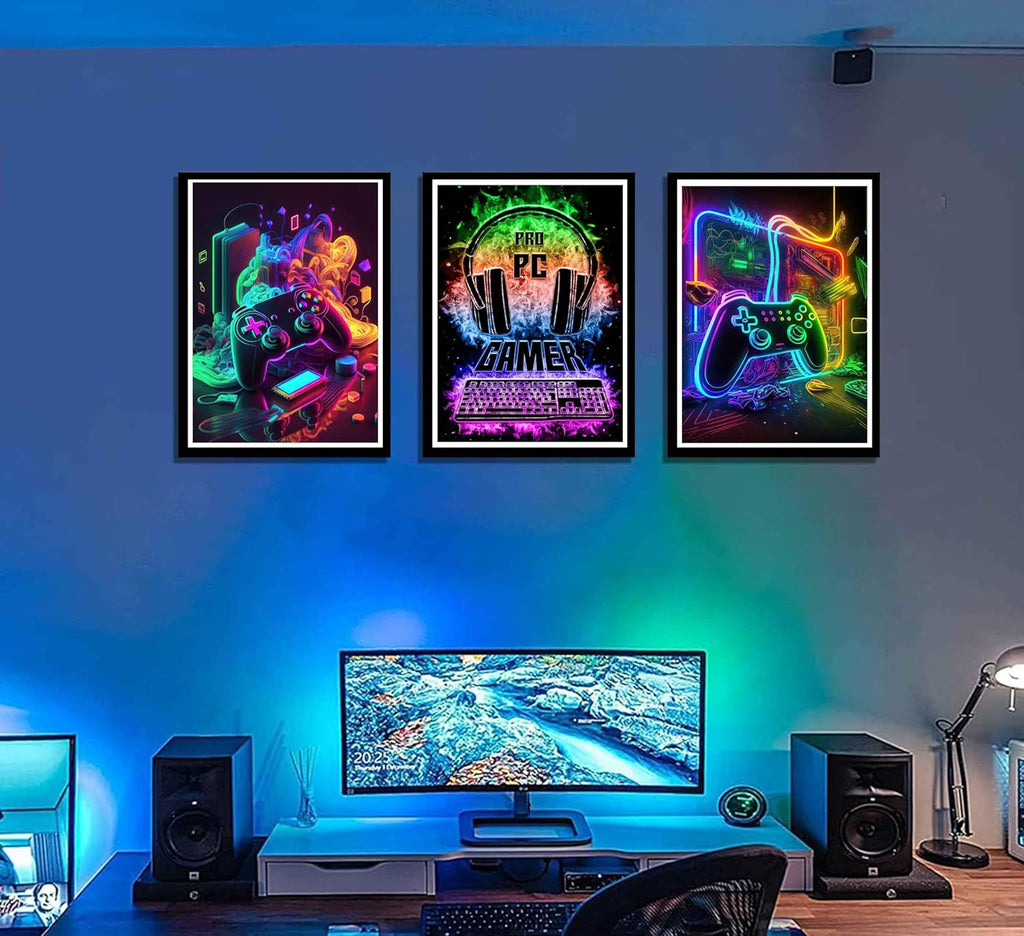 Skiennix Retro Video Gamer Wall Art - Colorful Neon Canvas Prints | 3-Piece Set for Boys' Room (16x24in)