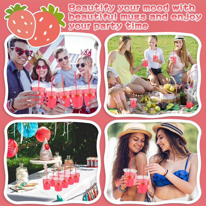Blushtier 100 Set 12 oz Strawberry Disposable Plastic Cups with Lids and Straws Clear Strawberry Cups for Juice Water Coffee Tea Birthday Summer Fruit Party Supplies (Red)