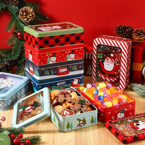 Tioncy 8 Pcs Christmas Cookie Tins with Lids Large Cookie Boxes Metal Empty Tins Santa Tinplate Xmas Gift Box for Christmas Holiday Candies Treats Storage Container (Novel)