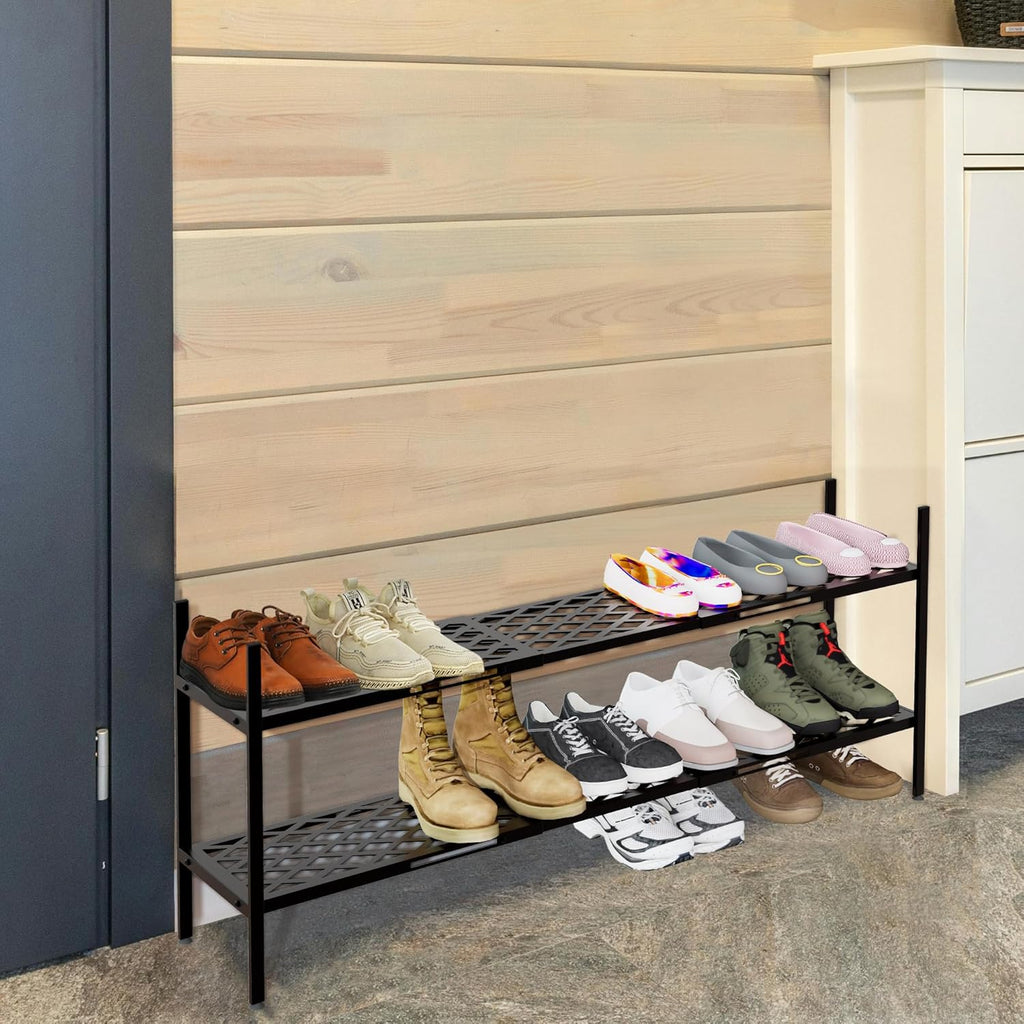 Skiennix Expandable Shoe Rack - 2-Tier Metal Organizer for 12-18 Pairs | Black 45.6 Inches