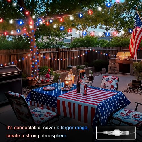 JMEXSUSS 100 LED Connectable Red, White, and Blue String Lights - 33ft Indoor/Outdoor Globe Lights with Remote for 4th of July Decor