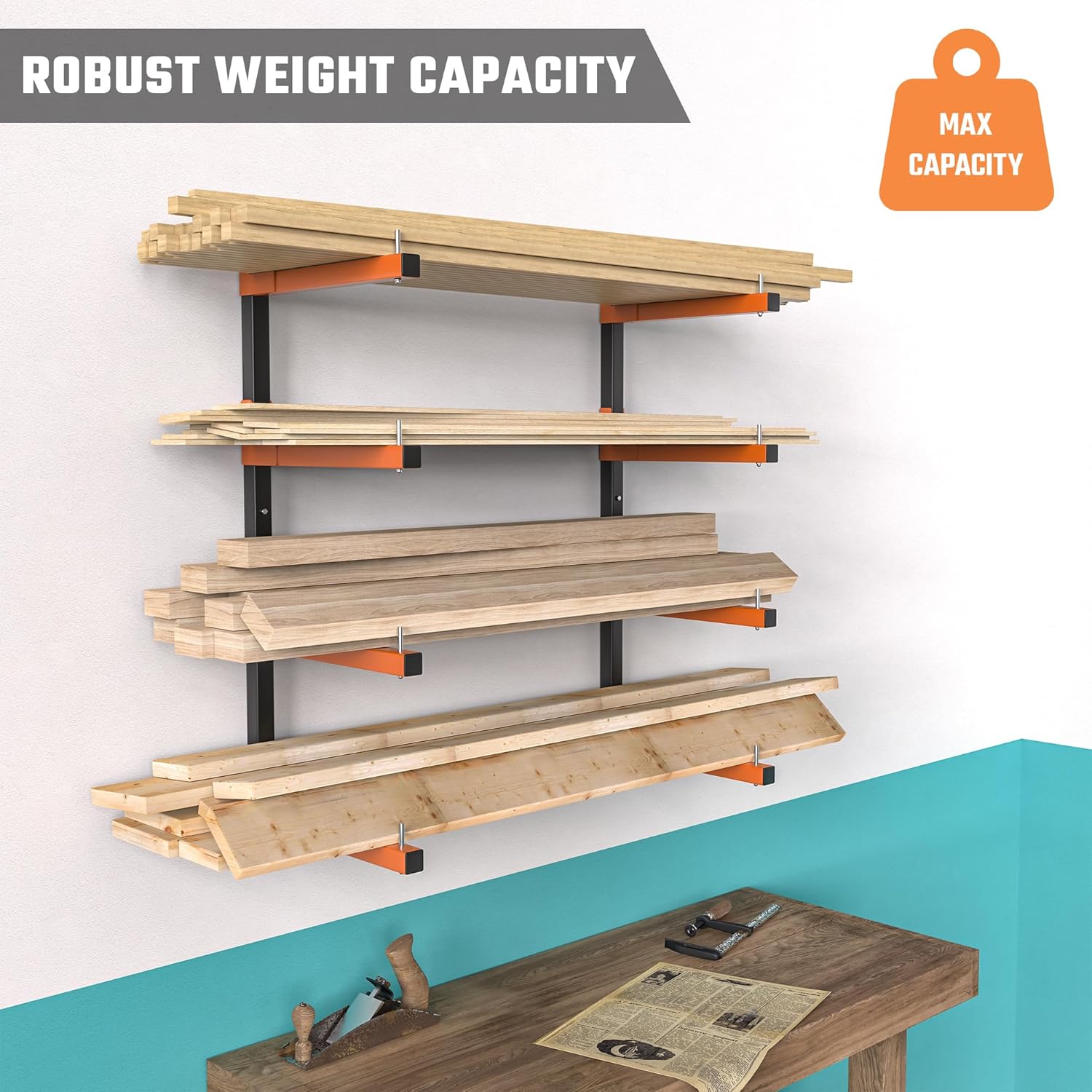 Snap-Fit Lumber Storage Rack | Heavy-Duty Metal Wall Mount - 8 Levels, 32 Inch Capacity