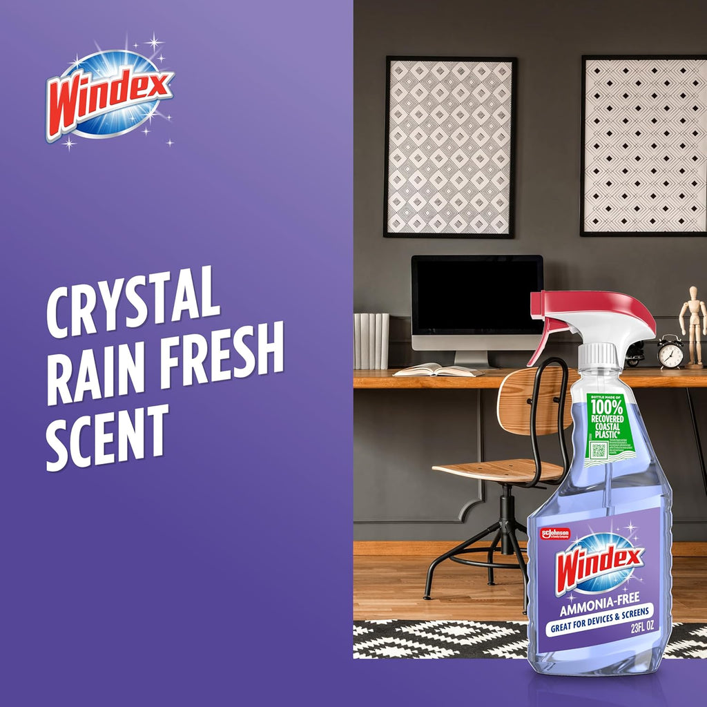 Windex Glass Cleaner Spray - Ammonia-Free Formula with Crystal Rain Scent | 23 Fl Oz Leak-Proof Bottle