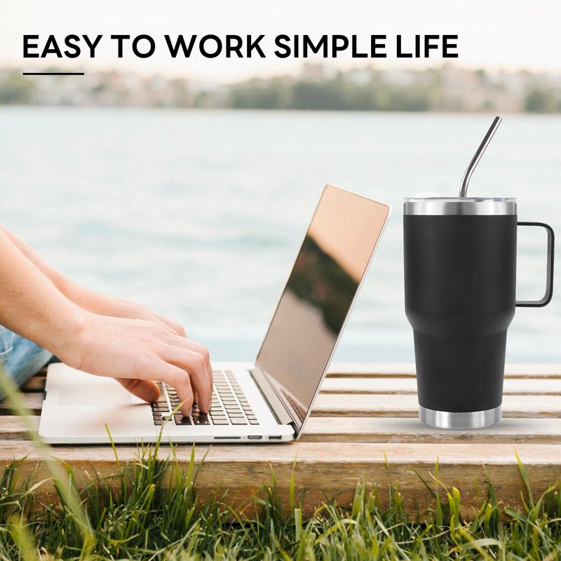 DYNAMIC SE 30 oz Tumbler With Handle, Double Wall Stainless Steel Vacuum Insulated Travel Mug with Splash-Proof Lid Metal Straw and Brush (Black)