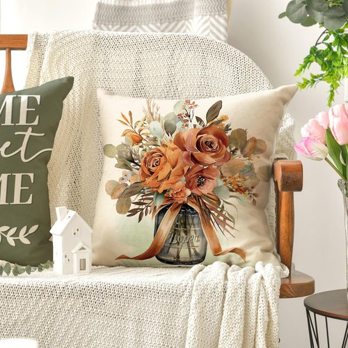 AVOIN colorlife Home Sweet Home Terracotta Sage Throw Pillow Covers, 20 x 20 Inch Seasonal Fall Eucalyptus Floral Motto Cushion Case for Sofa Couch Set of 4