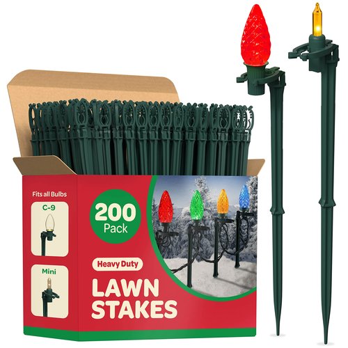 Christmas Light Yard Stakes [Set of 200] Outdoor Light Stakes - 8.5" Tall - Universal Christmas Pathway Lights On Yards, Driveways - Christmas Yard Stakes - USA Made