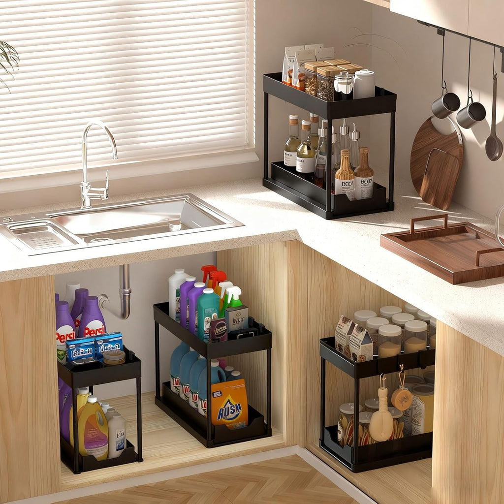 Under Sink Organizers by [Brand Name] - 2-Pack Pull-Out Sliding Cabinet Organizer with 2-Tier Storage & Hooks | 13 Inch, Black