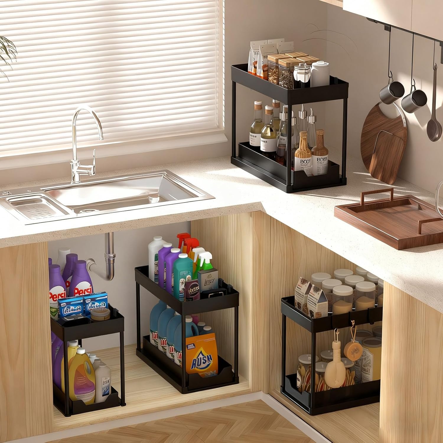 Under Sink Organizers by [Brand Name] - 2-Pack Pull-Out Sliding Cabinet Organizer with 2-Tier Storage & Hooks | 13 Inch, Black
