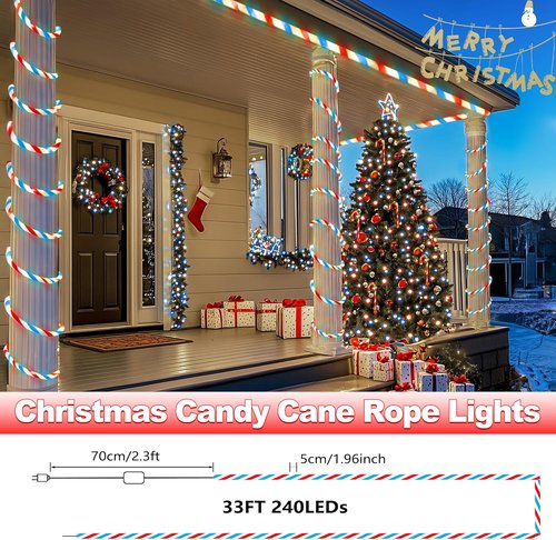 Jnaurb Christmas Candy Cane Lights - 33ft 240 LED Waterproof Rope Lights for Outdoor Holiday Decor