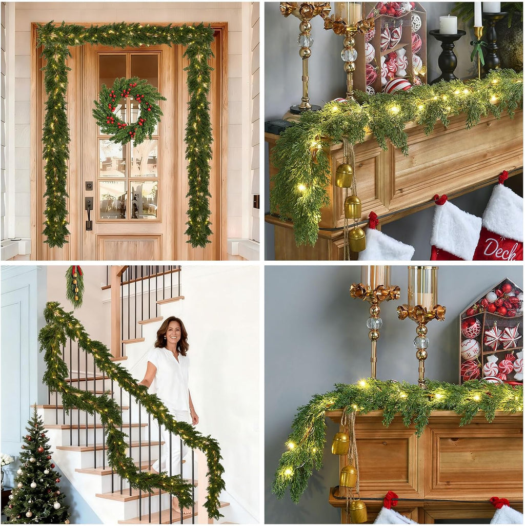 Skiennix Christmas Garland - Lush 6.2FT Real Touch Cedar with Lights | Perfect for Indoor/Outdoor Decor