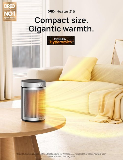 DREO Portable Electric Space Heater - 1500W PTC Ceramic with Thermostat & Remote | Eco & Fan Modes