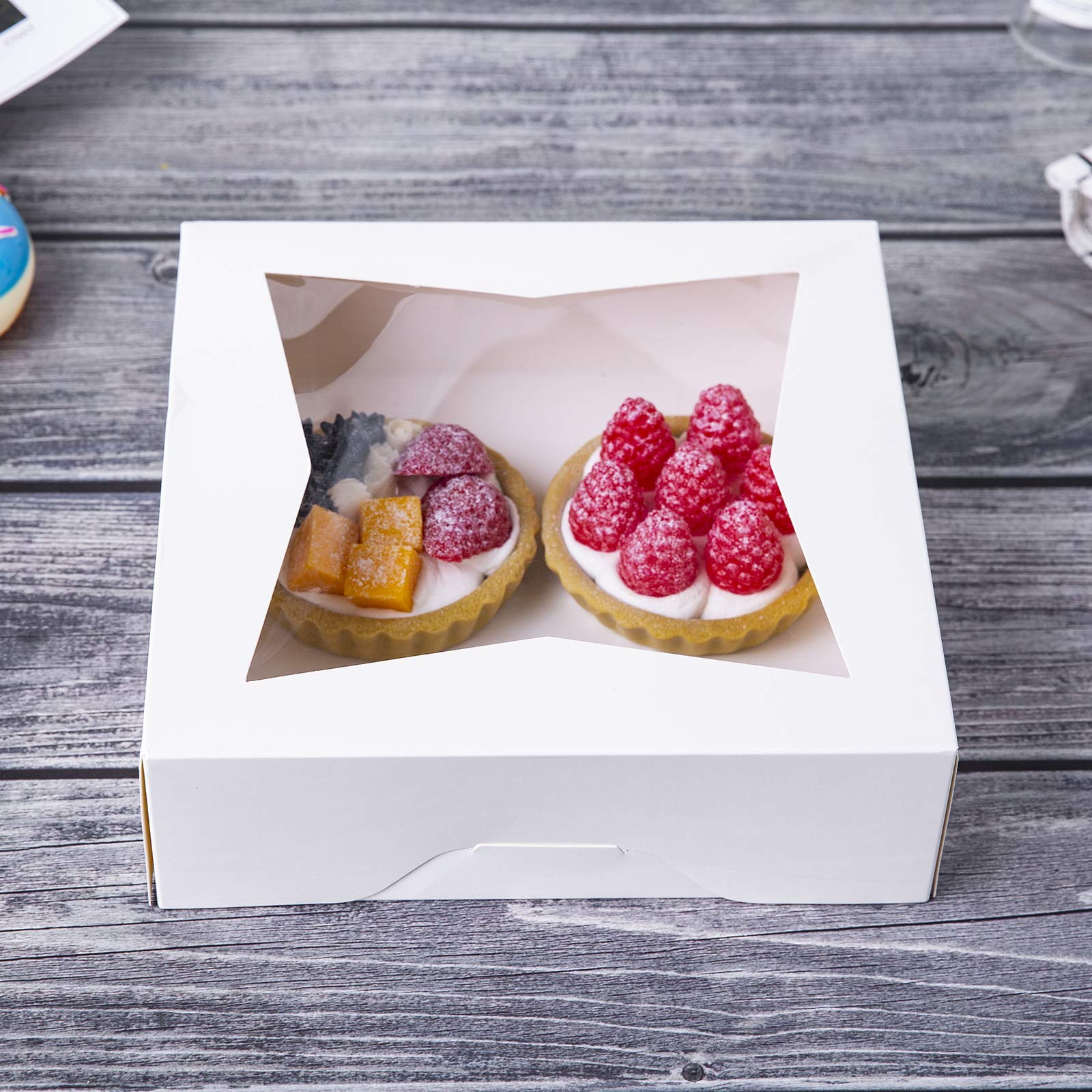 ONE MORE [15pcs] 8" White Bakery Pie Boxes, White Cardboard Cookie Box with Window Auto-Popup Natural Disposable Pastries Boxes 8x8x2.5inch,Pack of 15
