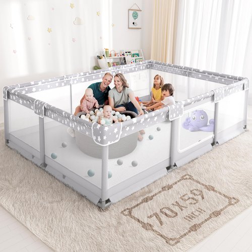 Large Baby Playpen - 70x59in Giant Play Yard for Toddlers 1-3 | Safe Indoor Play Fence in Grey