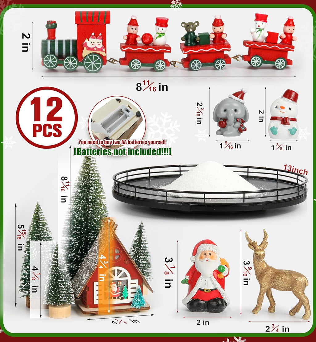 Oroyutor Christmas Village Set - 12 Pcs Oak Wooden Lazy Susan with Santa Train & Trees | 13" Holiday Decor