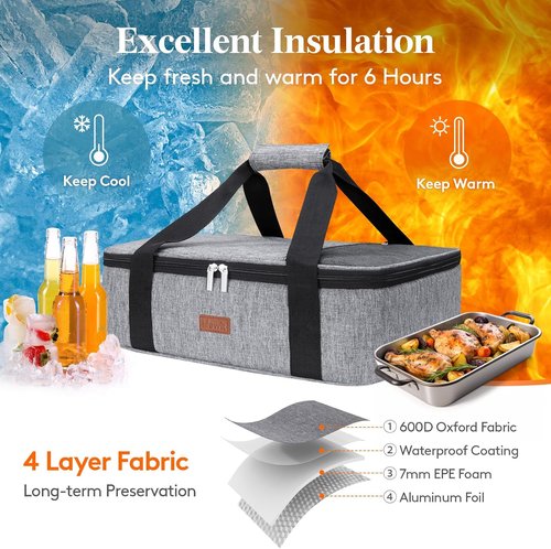 Lifewit Insulated Casserole Carrier - Keeps Food Hot or Cold | Fits 9"x13" Baking Dish, Grey