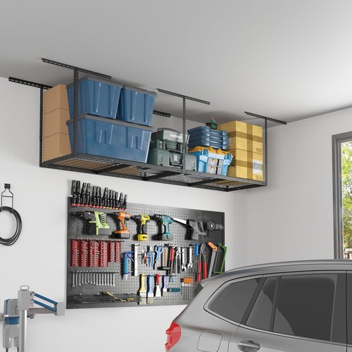 FLEXIMOUNTS 2x8 Garage Storage Rack - Heavy-Duty Adjustable Overhead System | 400lbs Capacity, Black