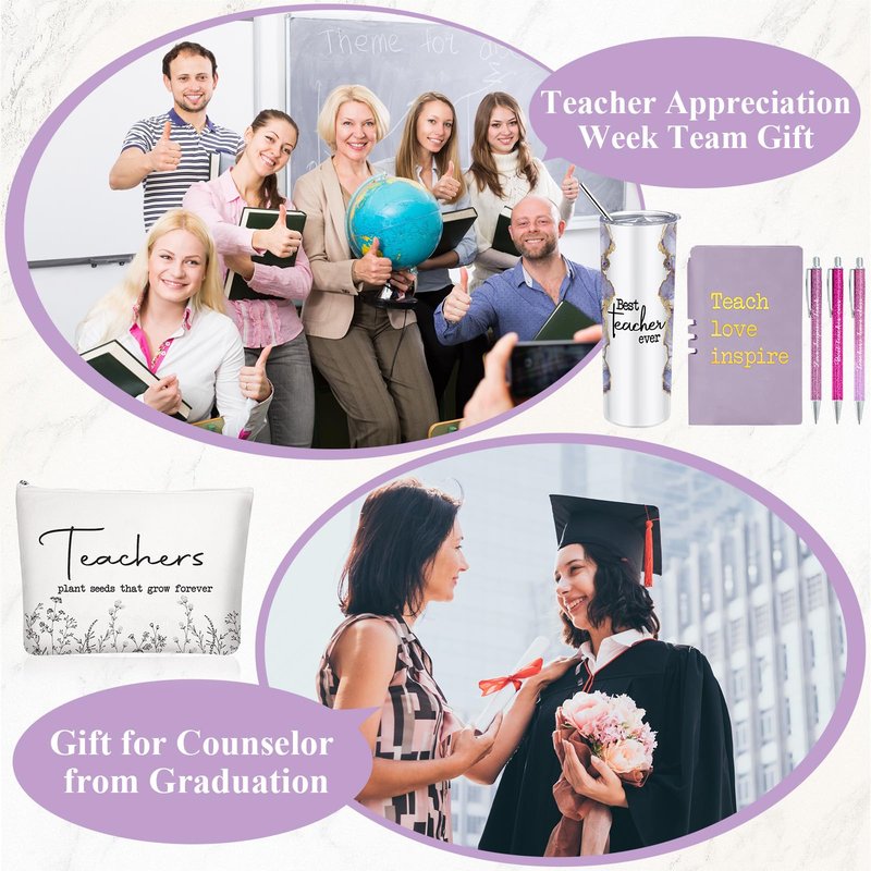 Domensi 6 Pcs Teacher Appreciation Gift Set for Women Staff 20 oz Marble Sign Tumbler Inspirational Ballpoint Pen Notebooks with Makeup Bag Teacher Thank You Gifts(Purple)