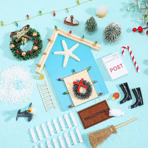 Gerrii 22 Pcs Blue Christmas Fairy Doors - Miniature Wooden Decor Kit for Dollhouses & Kids' Rooms