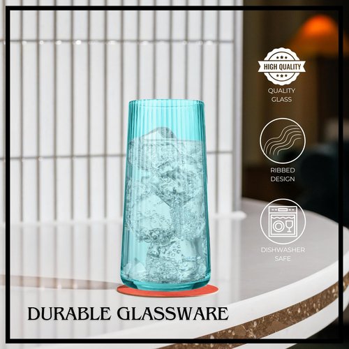 ARTLAND Soho Optic 17.5oz Highball Glass, Set of 4 - Modern Design Elegant Tall Drinking Glasses for Cocktails and More, Durable & Stylish Bar Glassware Essential for Any Occasion (Turquoise)