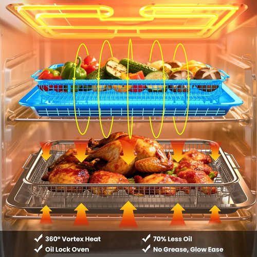 Air Fryer Basket Set by [Brand Name] - Stainless Steel Crisper Tray & Pans | Family-Size Non-Stick, 15"x11" & 12.8"x9.7" with 60 Parchment Papers