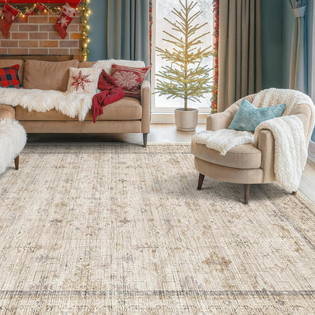 Washable Ivory 6x9 Living Room Rug - Non-Slip Dining Rug for Under Table | Low Pile Farmhouse Carpet