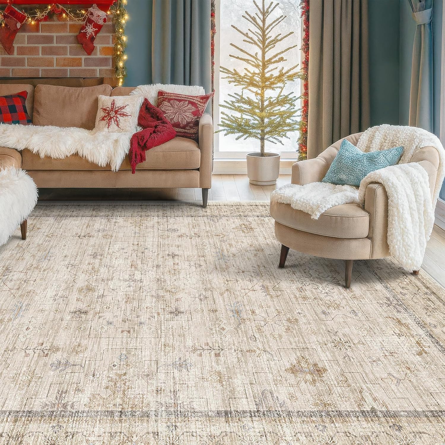 Washable Ivory 6x9 Living Room Rug - Non-Slip Dining Rug for Under Table | Low Pile Farmhouse Carpet