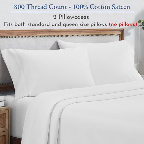 Heirloom 800 Thread Count 100% Cotton Sateen Pillowcases - Soft, Smooth & Thick | 2 White Standard Size