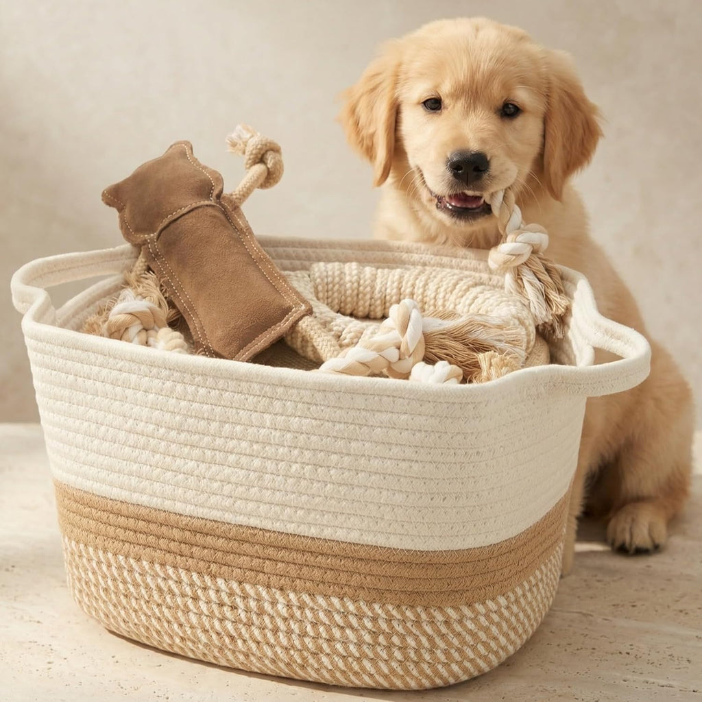 Skiennix Stylish Cotton Rope Storage Basket - Versatile Woven Bin with Handles for Dog Toys, Magazines & Books
