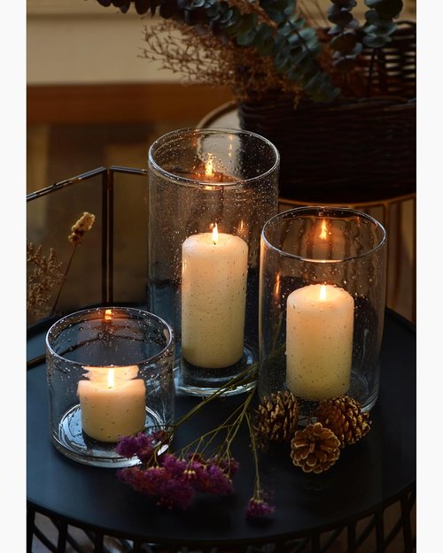 ARIAMOTION Hurricane Candle Holders - Hand Blown Glass Cylinder Vases | Set of 3 for Elegant Table Centerpiece