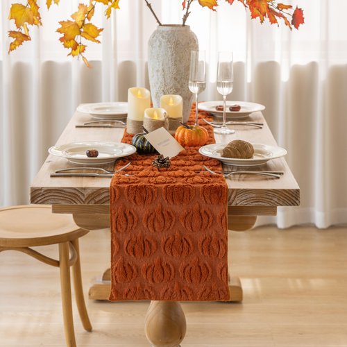 Keketoarrange Thanksgiving Table Runner Rust Terracotta Soft Plush Faux Fur Velvet Pumpkin Autumn Harvest Dining Centerpiece Decor for Home Kitchen Fall Decorations for Home 13 x 72 Inch