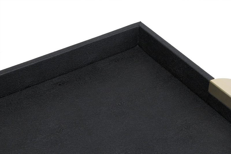 HofferRuffer Faux Leather Decorative Serving Tray, Elegant Coffee Table Ottoman Tray, Breakfast, Drinks, Liquor Serving Platter, Black Shagreen Finish with Gold Hardware Handle (Square)