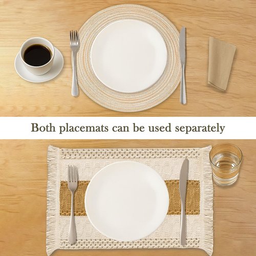 Placemats Set of 6 - Natural Cotton Burlap Table Mats and Braided Round Place Mats, Heat Resistant Mats for Dining Table, Kitchen, or Farmhouse Decoration, Doho Placemats