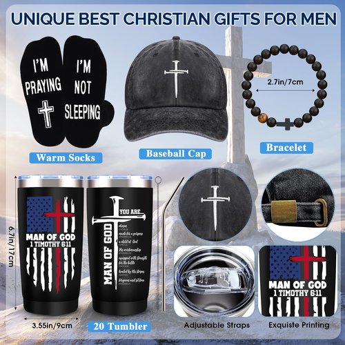 10 Pcs Christian Gifts for Men Faith, Inspirational Religious Gifts, Catholic Gift with 20 Oz Tumbler Bible Verses Crystal Plaque Hat Socks Bracelet Keychain for Husband, Dad, Grandpa, Friends
