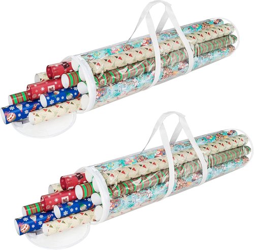 Elf Stor Wrapping Paper Storage Bags - Set of 2 Clear Totes with Handles for 30-Inch Rolls