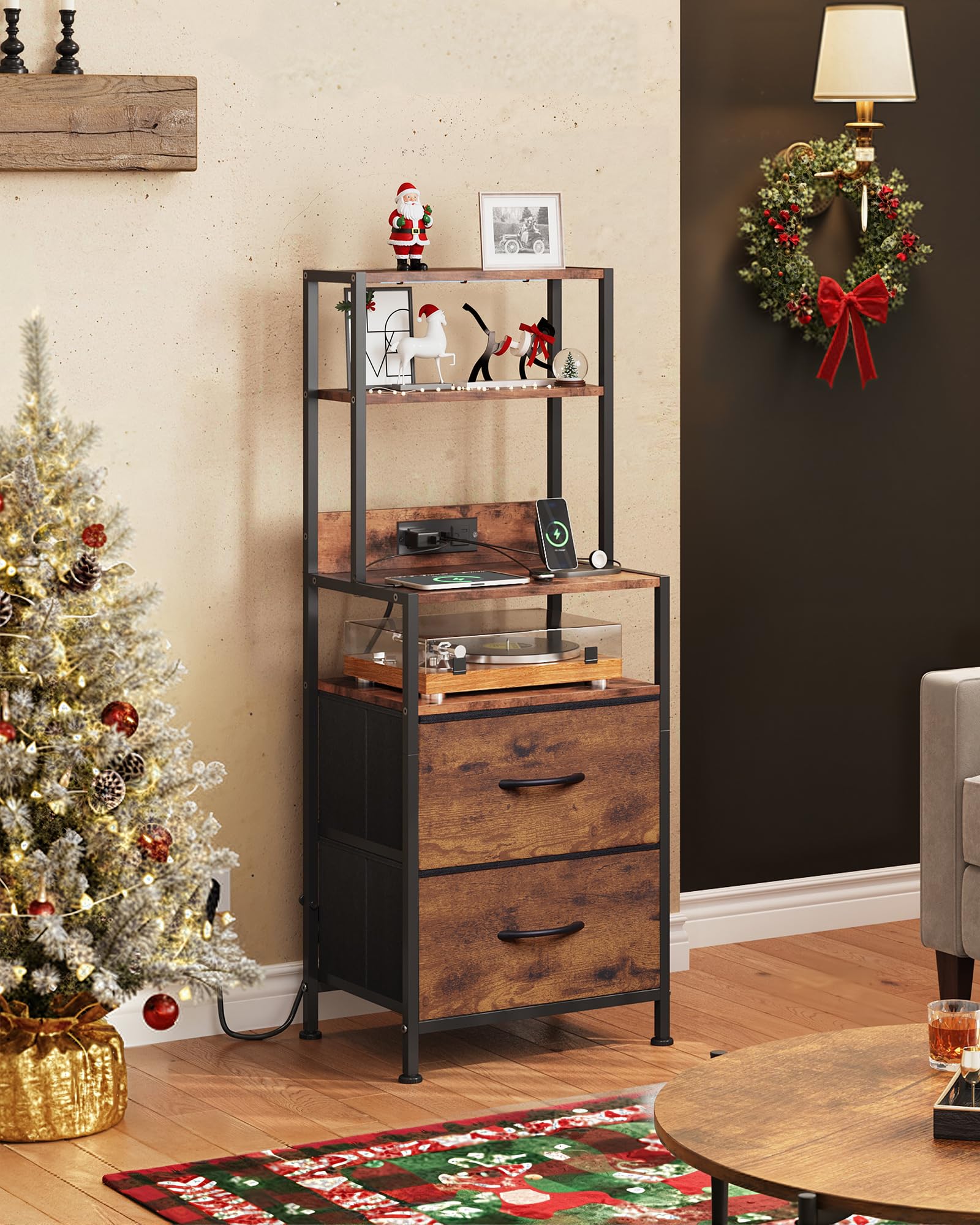 WLIVE Nightstand with Charging Station, LED Night Stand with 2 Drawers and 4 Storage Open Shelves, Fabric Dresser for Bedroom, Rustic Brown