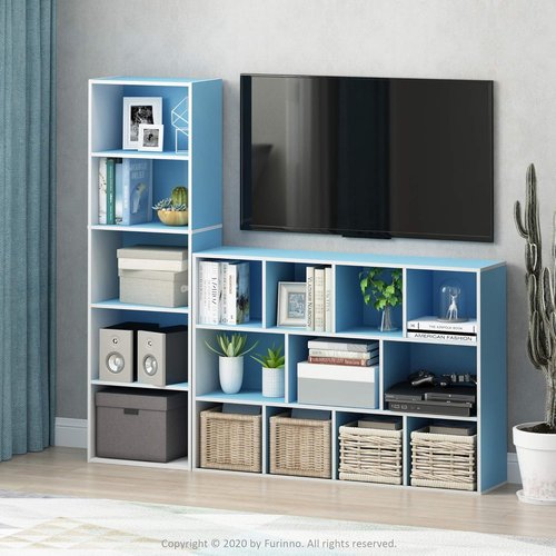 Furinno LUDER 5-Tier Bookshelf - Open Shelf Bookcase for Easy Assembly | White/Light Blue, 9.4 x 15.8 x 52