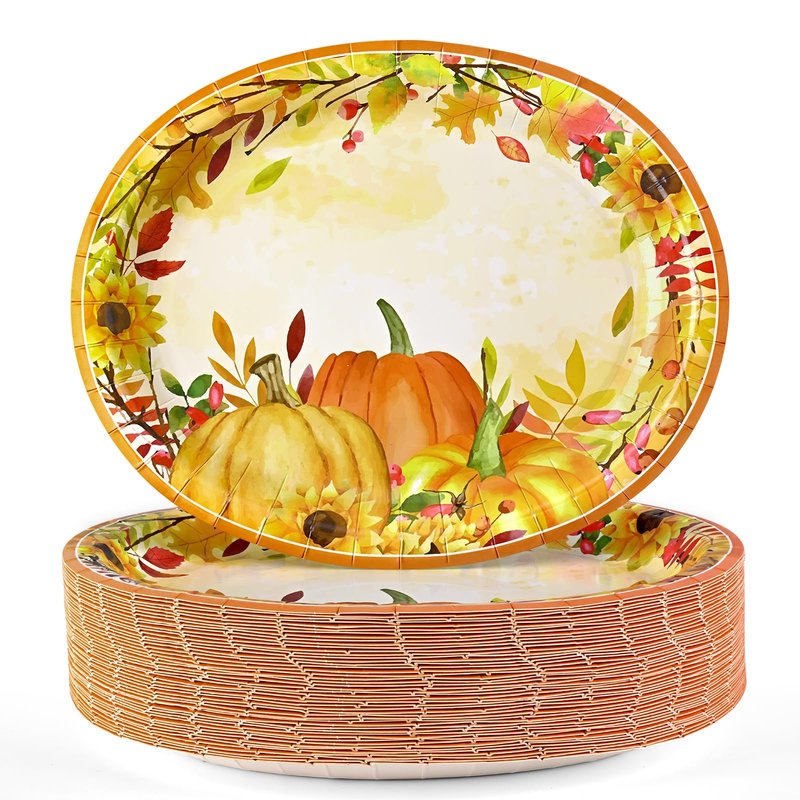 Homlouue 12x10 Oval Fall Paper Plates, 50PCS Fall Leaves Pumpkins Plate, Heavy Duty Thanksgiving Plates, Large Thanksgiving Paper Plate Disposable for Autumn Theme Party Decoration Serve 50 Guests