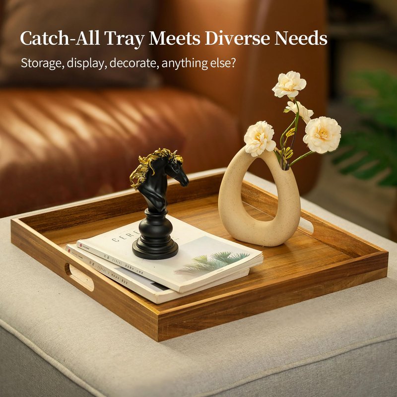 Hanobe Ottoman Tray for Table Top: 20'‘ Large Wood Decorative Trays for Home Decor - Acacia Coffee Table Serving Tray with Handles for Living Room
