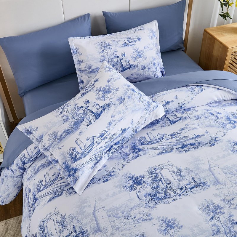 WONGS BEDDING Blue Comforter Set King, 7 Pieces Bed in a Bag Farmhouse Comforter with Sheets, French Toile Bedding Set, Soft Lightweight Microfiber Botanical Print Complete Bed Set for All Season