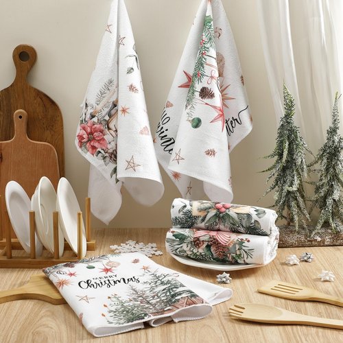 FuWeave Christmas Kitchen Towels Beige Xmas Tree Dishtowels Decorative Hello Winter Hand Towels Absorbent Gloves Ball Merry Christmas Tea Drying Cloth Xmas Decor for Kitchen Bathroom Farmhouse Gift