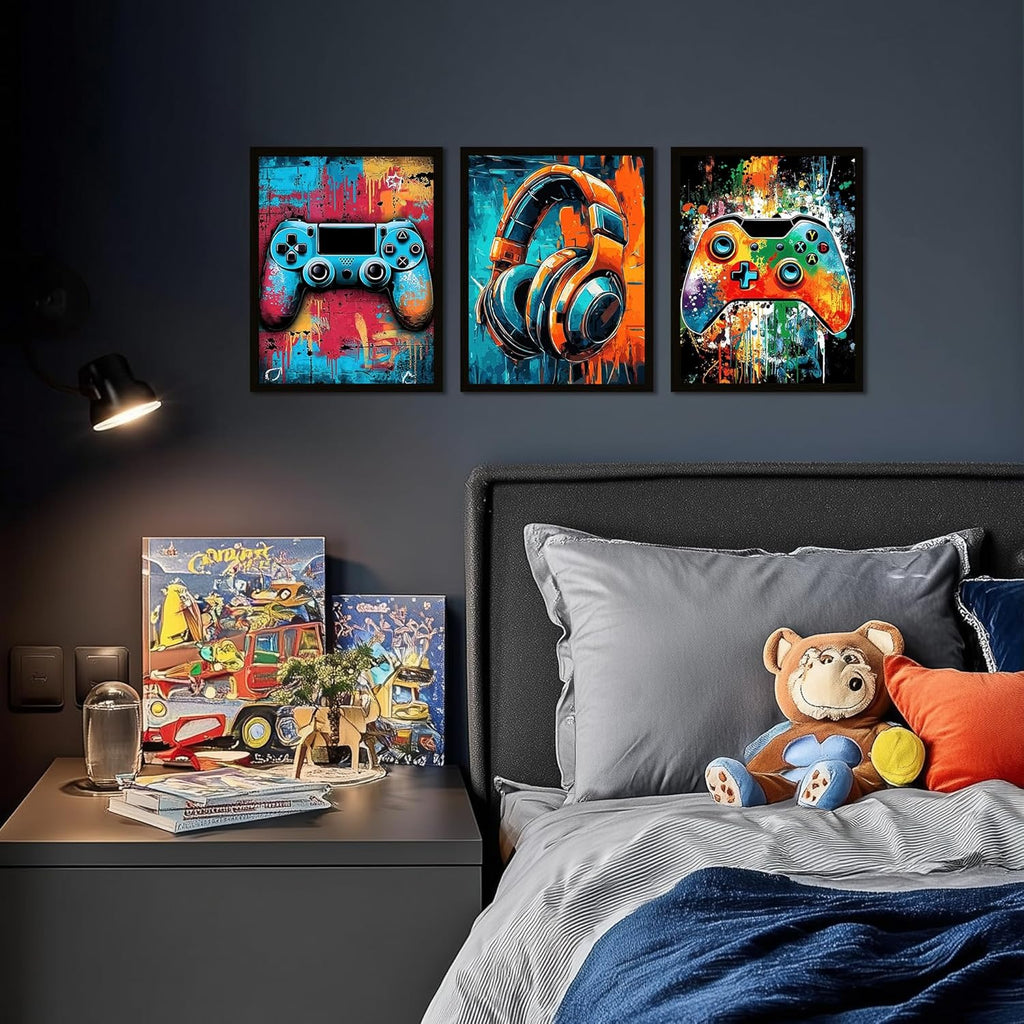 Skiennix Framed Gaming Wall Art - Neon Watercolor Graffiti Gamepad Decor | 8x10in, Set of 3